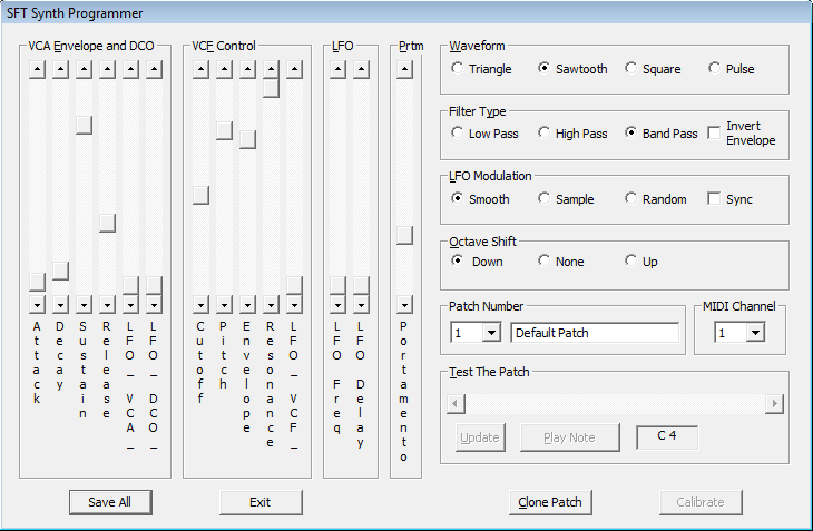 A screen capture of an early version of the SFT Synth Programmer application